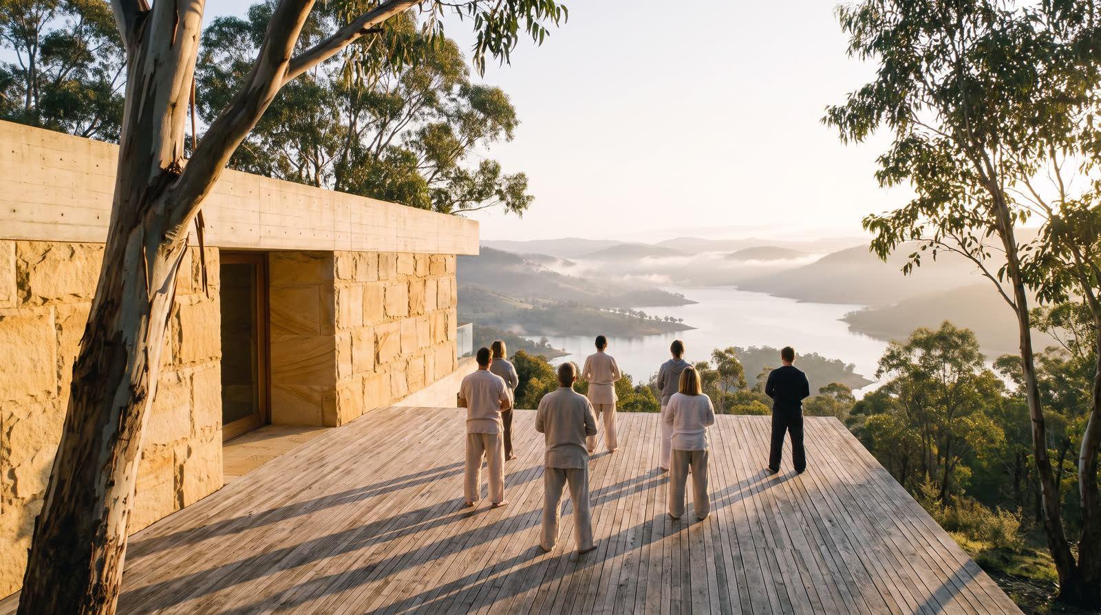 Qi Gong on the cathedral deck above Lake Eildon