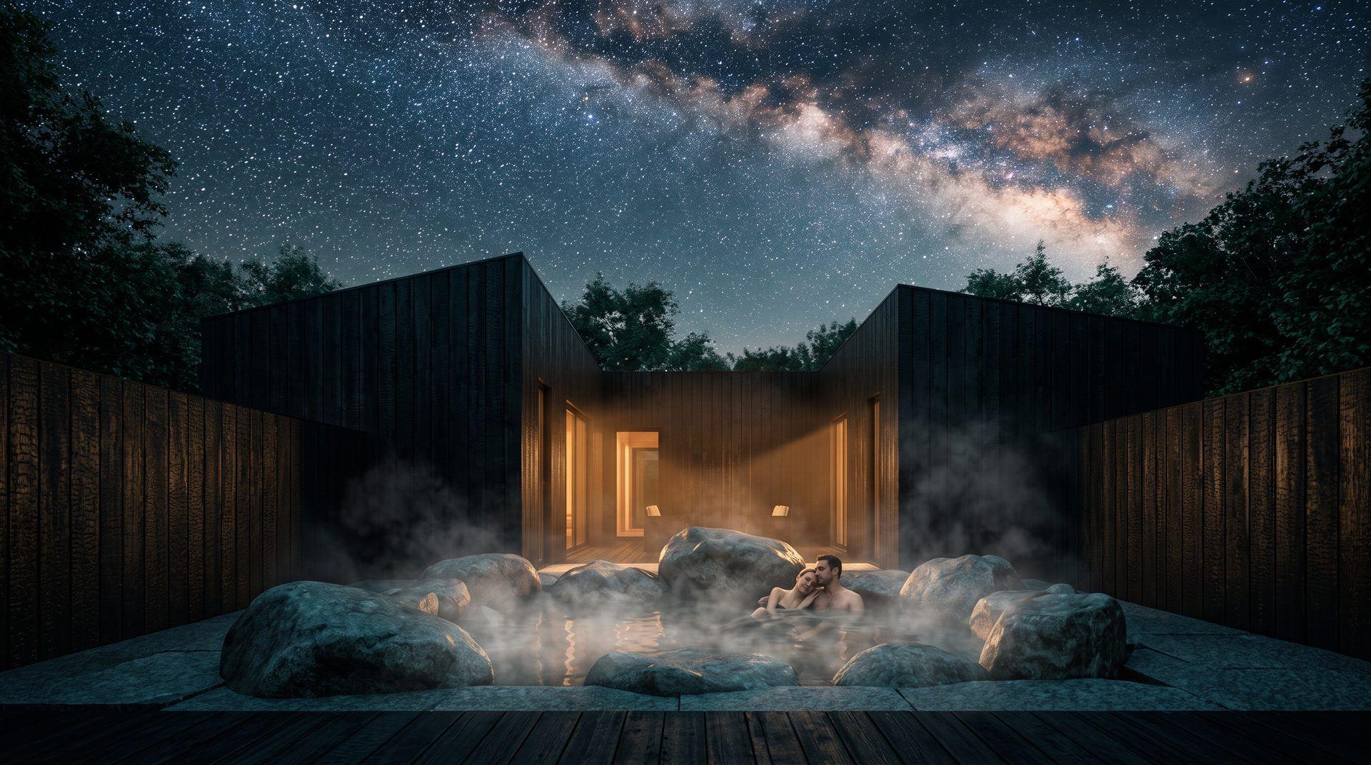 The villa courtyard and rockpool under the stars