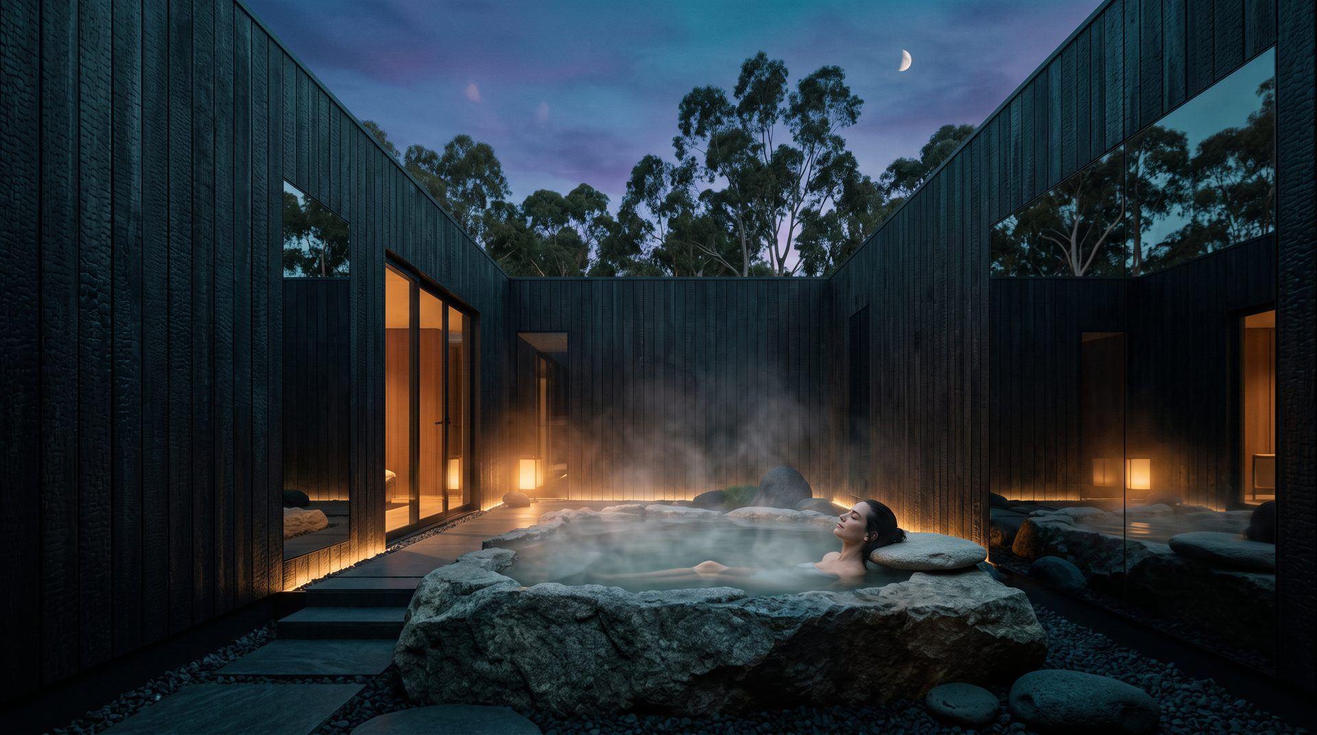 A villa courtyard rockpool at dusk